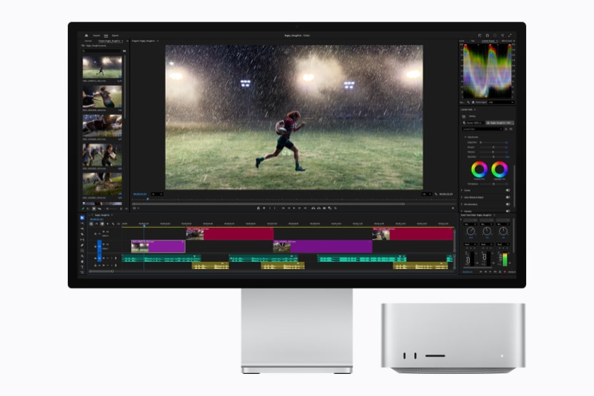 Mac Studio 与 Studio Display 上正在 Adobe Premiere Pro 中编辑视频时间线