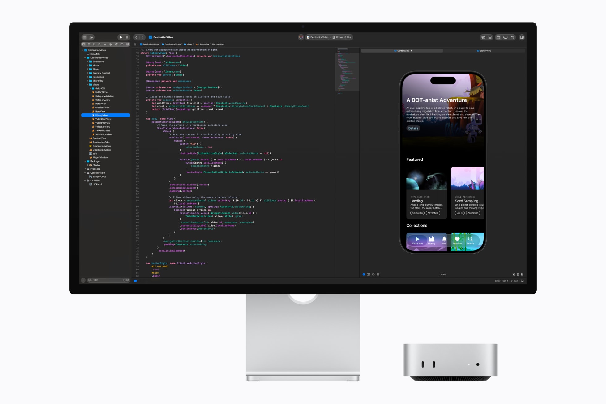 Mac mini 与 Studio Display 上正在 Xcode 中编写代码