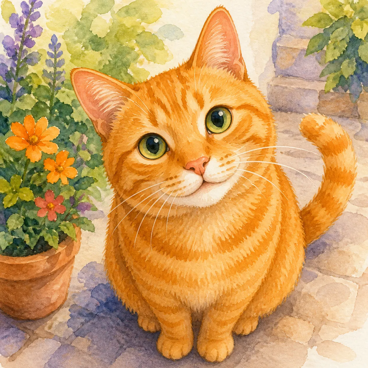 上面这条 prompt 生出来的水彩橘猫(原图 2.9MB,压缩为 WebP 后 263KB)