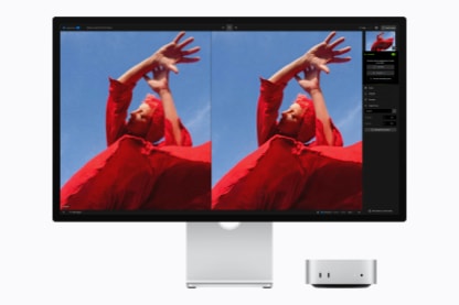 Mac mini 连接运行照片编辑软件的显示器，屏幕上是一名红衣人物