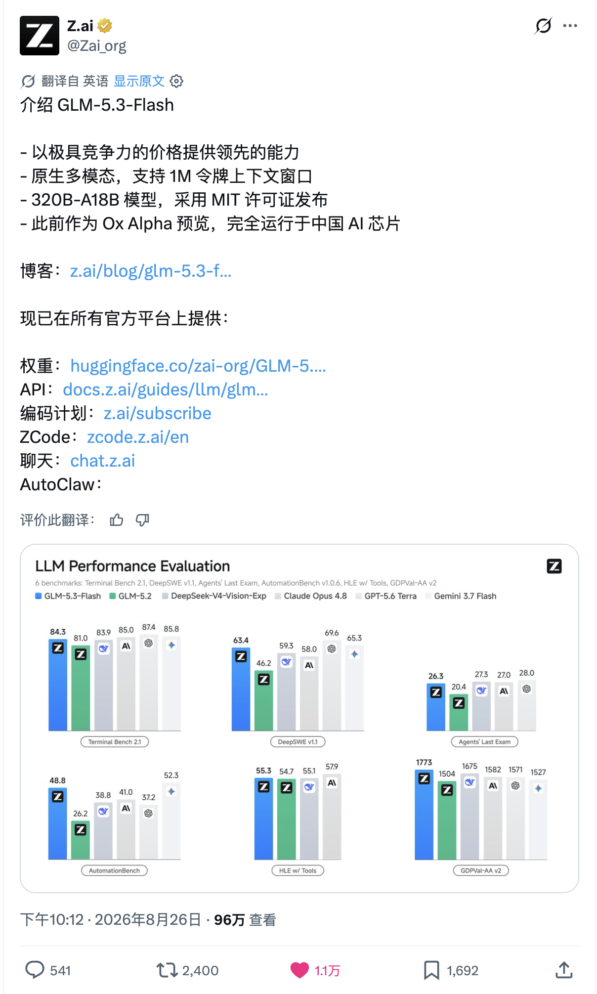 Z.ai 官方 X 公告：GLM-5.3-Flash 正式发布，附六项基准对比