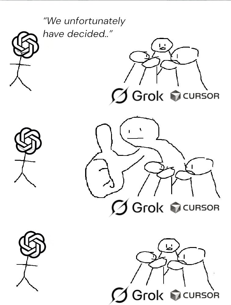 三格漫画:OpenAI 宣布决定,Grok 与 Cursor 竖起大拇指