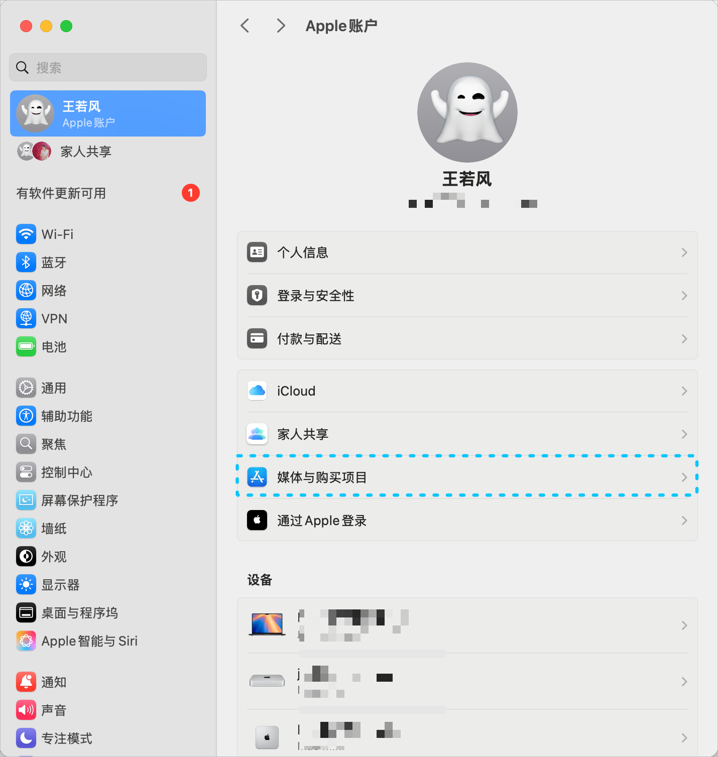 在 macOS 设置中退出媒体与购买项目