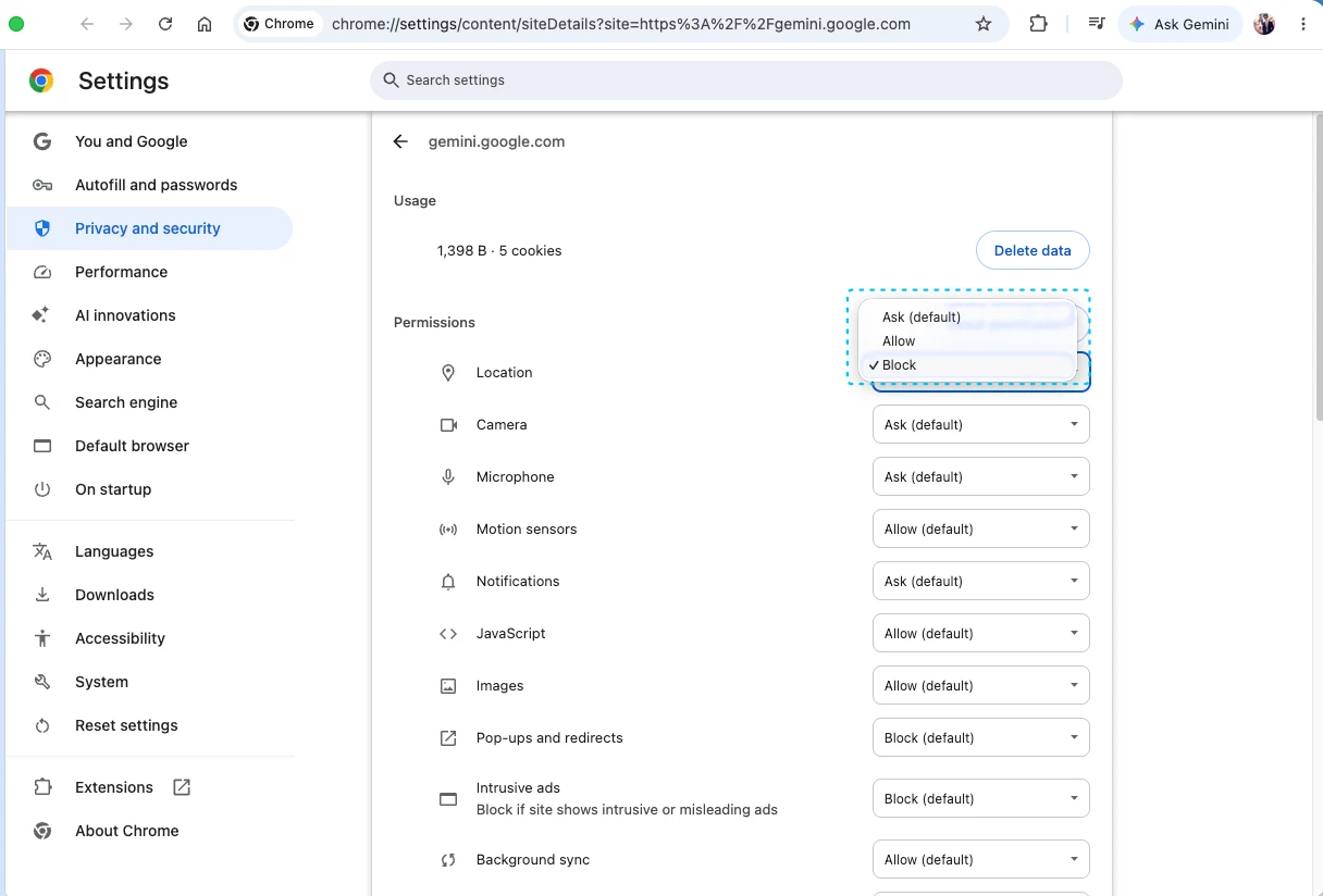 gemini.google.com 网站设置中,把“位置”权限设置为“屏蔽”