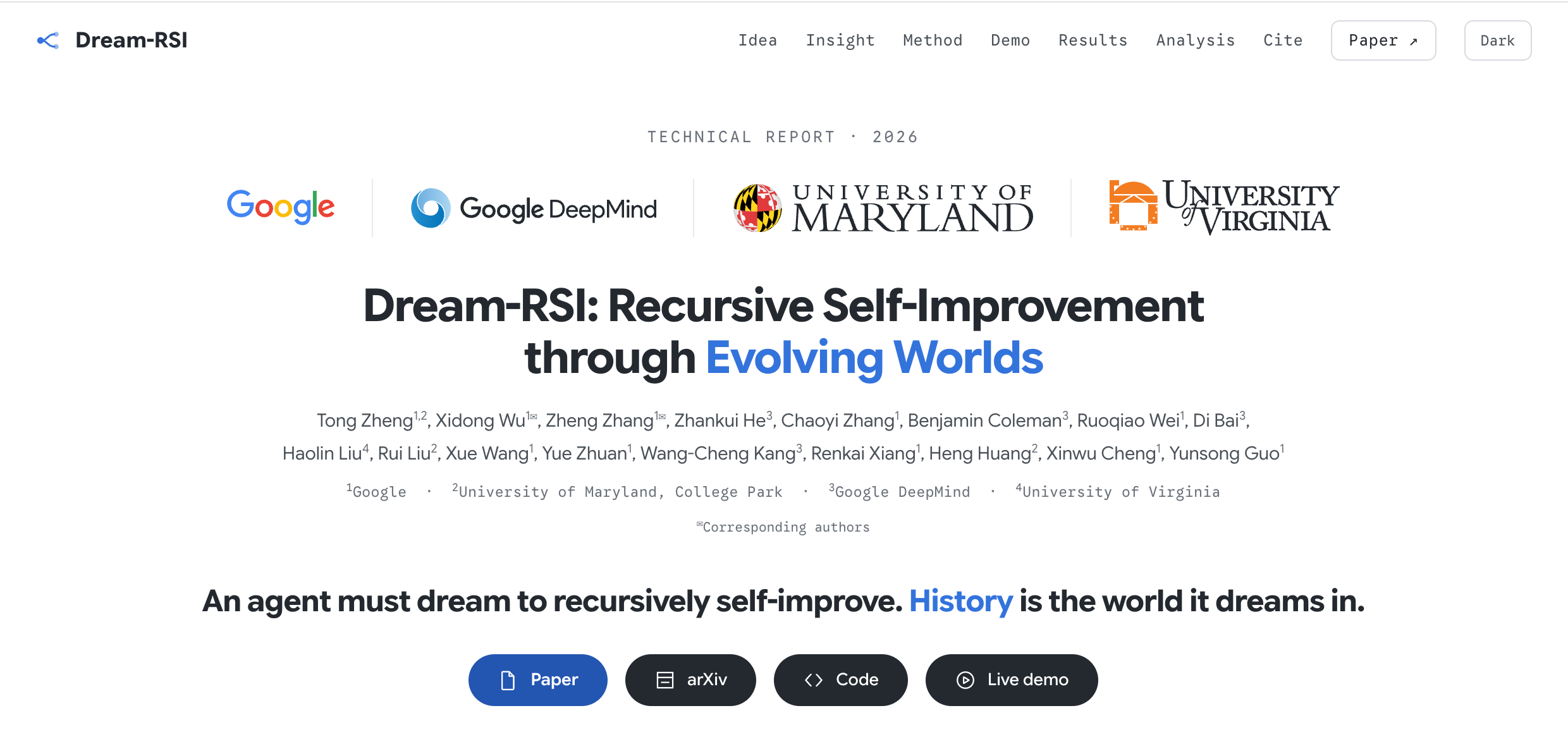 Dream-RSI 官方项目页 dream-rsi.com,提供 Paper、arXiv、Code 与 Live demo 入口