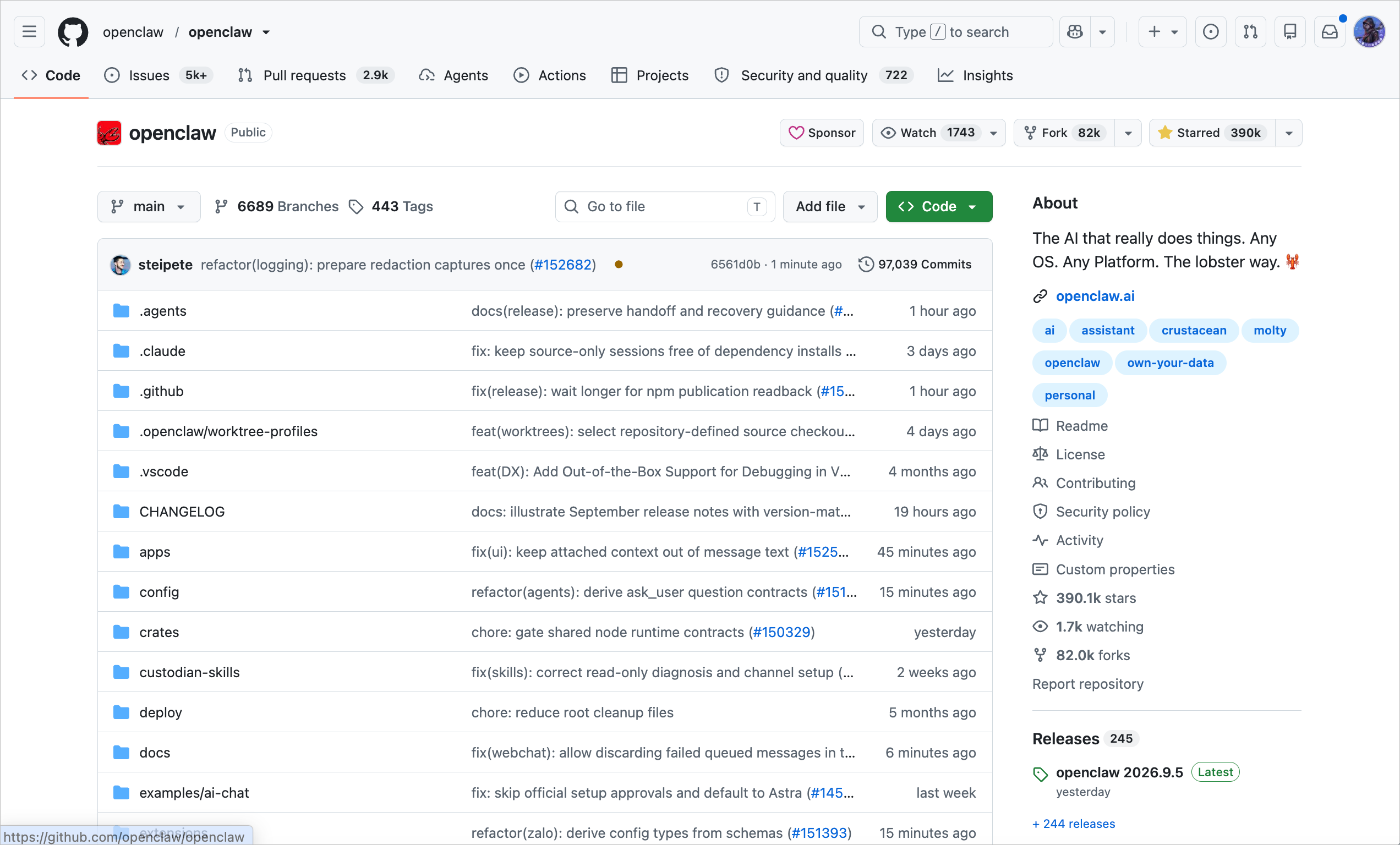 OpenClaw GitHub 仓库页面，展示项目源码、提交记录、社区数据与开源个人 AI 助手简介。