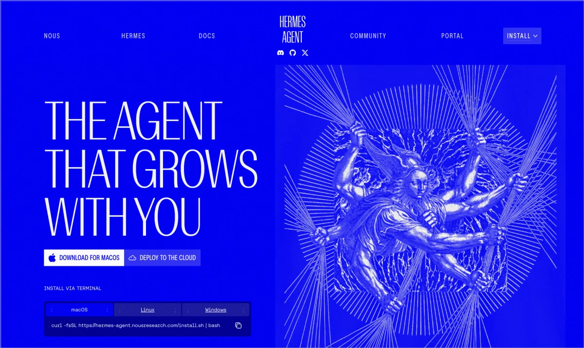 Hermes Agent 官方网站首页，展示可持续学习的 AI Agent 定位及桌面下载、云端部署和终端安装入口。