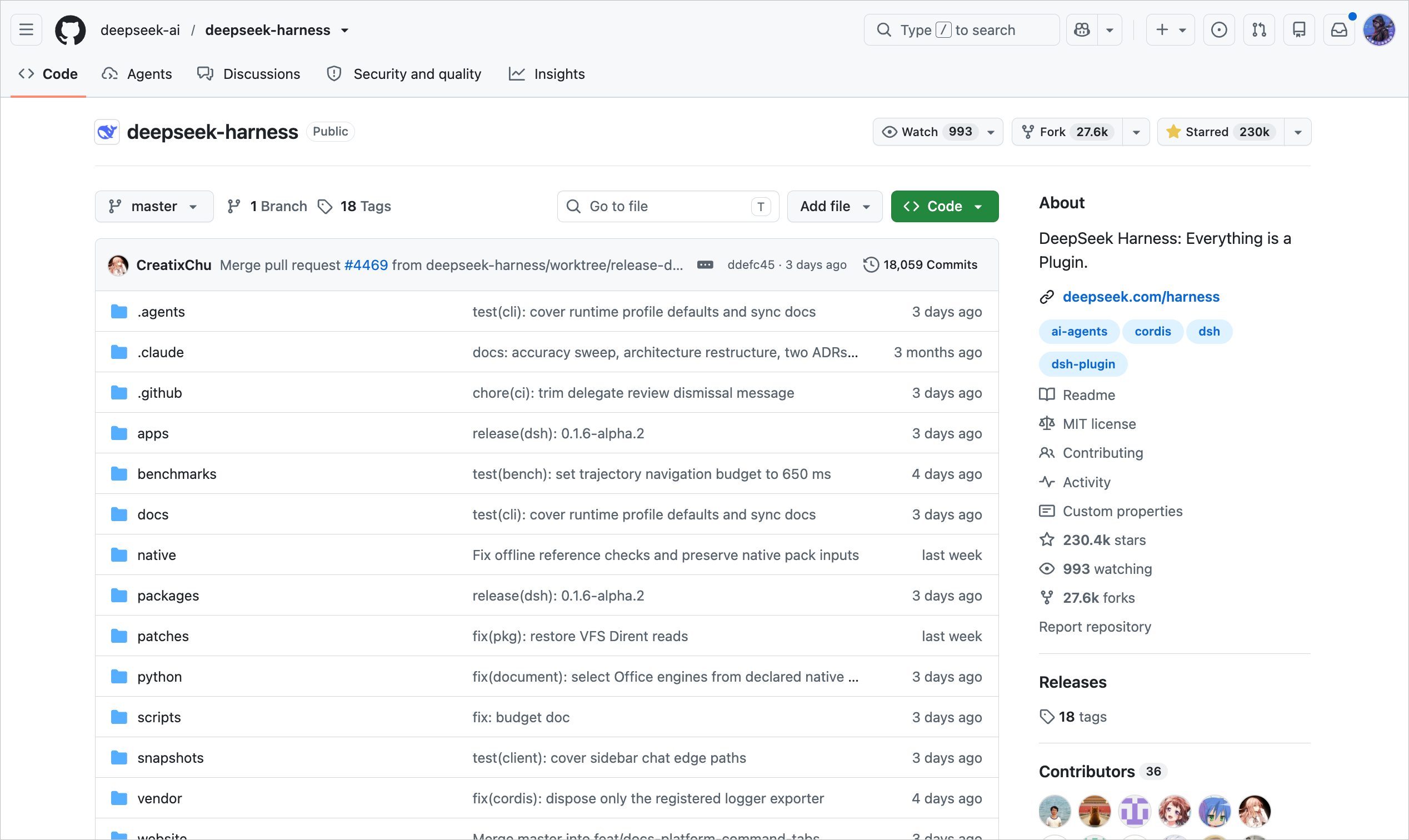 DeepSeek Harness GitHub 仓库页面，展示项目源码、提交记录、社区数据与插件化 Agent Harness 简介。