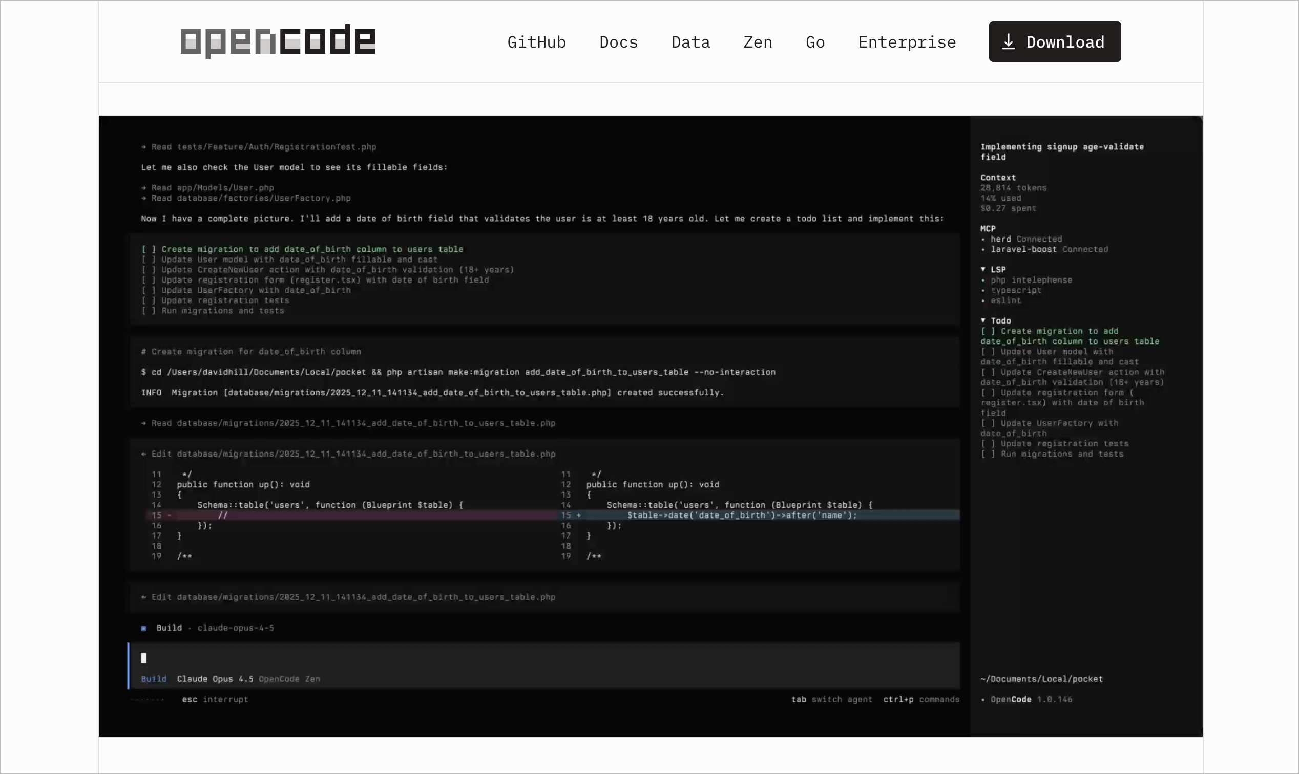 OpenCode 官方网站的终端界面示例，展示 Agent 规划任务、修改代码、执行命令和查看差异的过程。