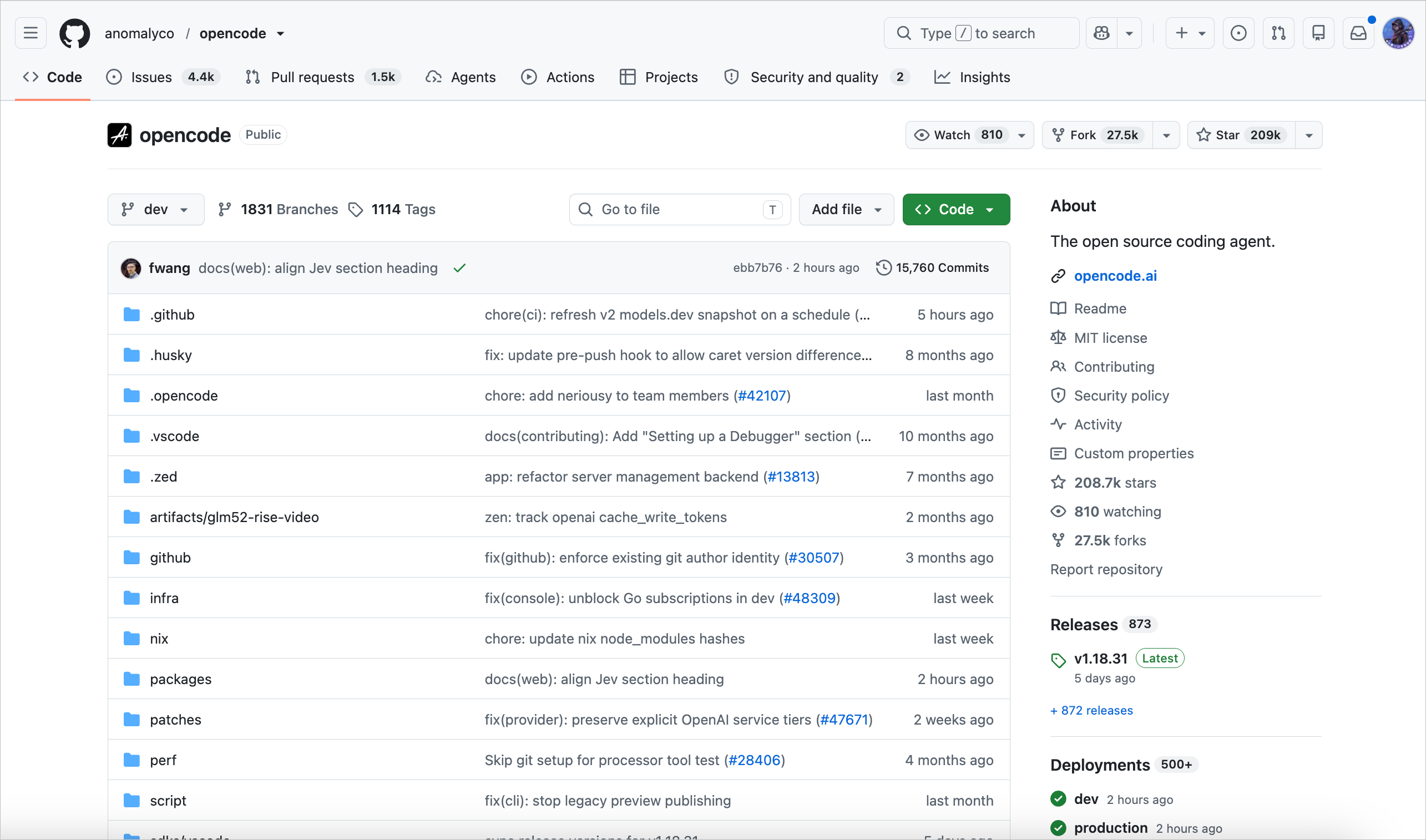 OpenCode GitHub 仓库页面，展示项目源码、提交记录、社区数据与开源 AI 编程 Agent 简介。