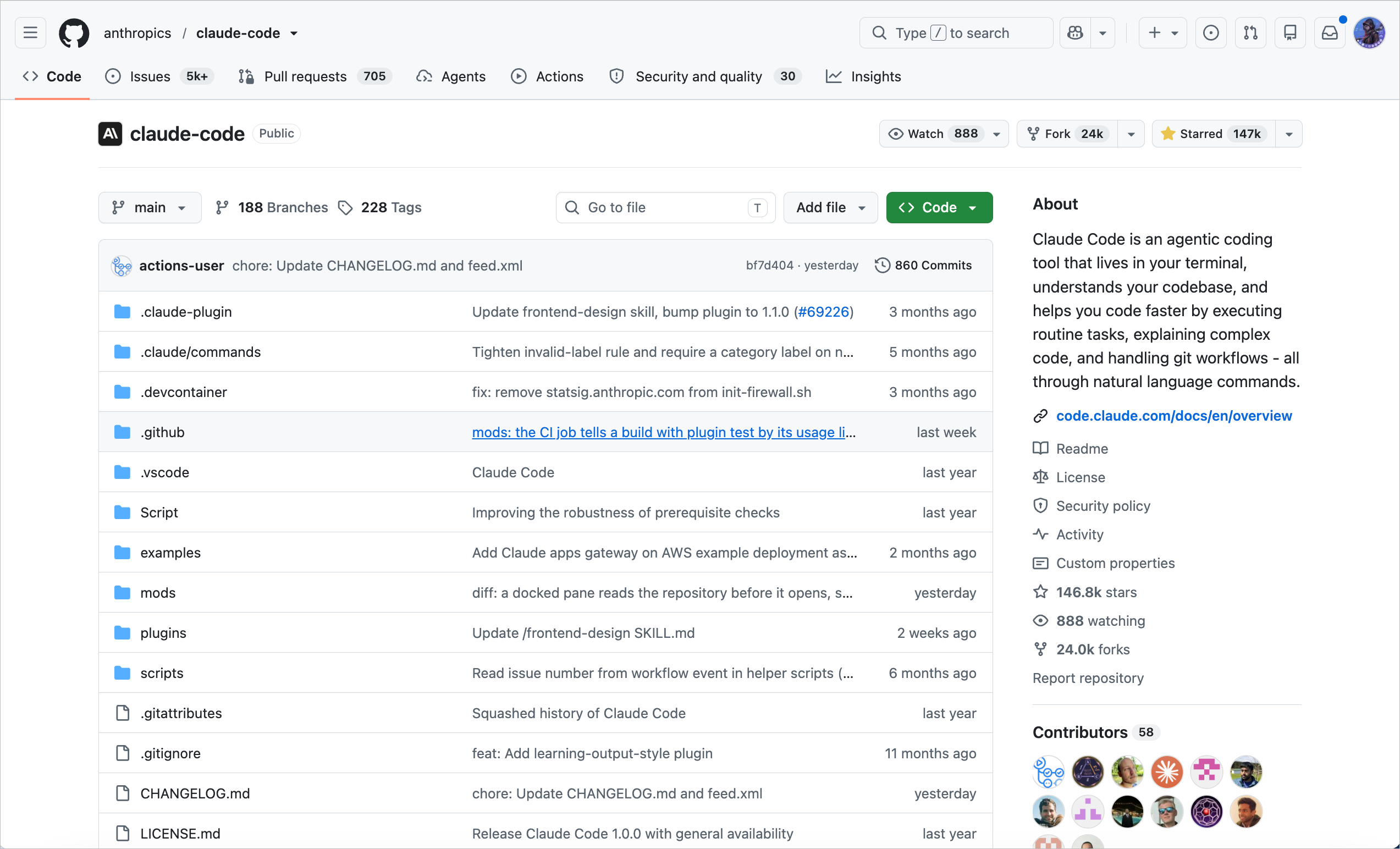 Claude Code GitHub 仓库页面，展示项目源码、提交记录、社区数据与终端智能编程工具简介。