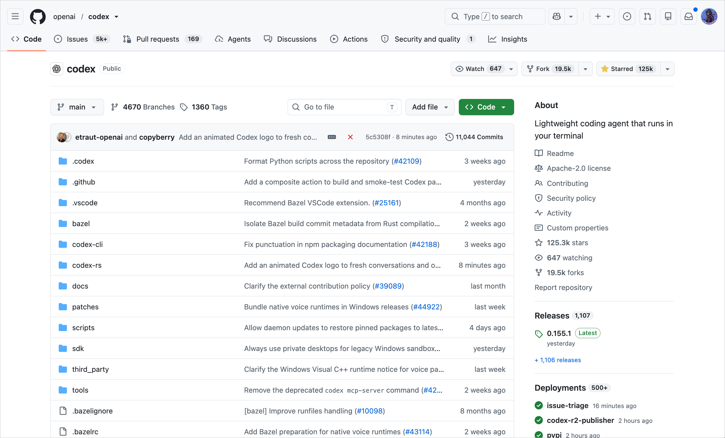 OpenAI Codex GitHub 仓库页面，展示项目源码、提交记录、Issues、Pull Requests 与发布信息。