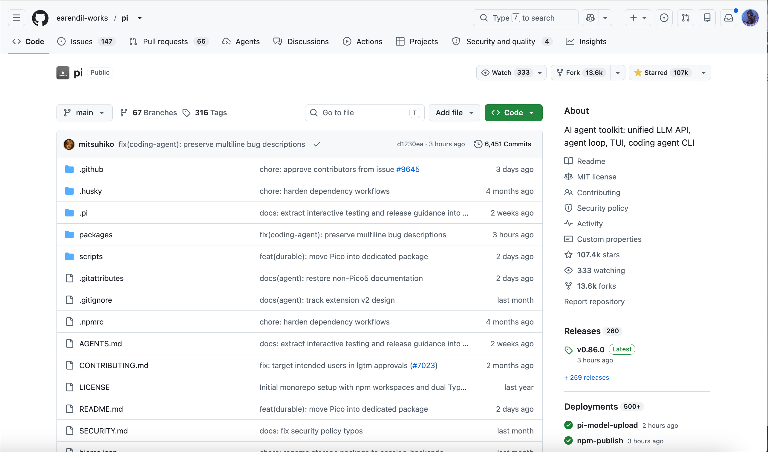 Pi GitHub 仓库页面，展示统一模型 API、Agent 核心、终端编程 Agent 等项目模块与版本信息。