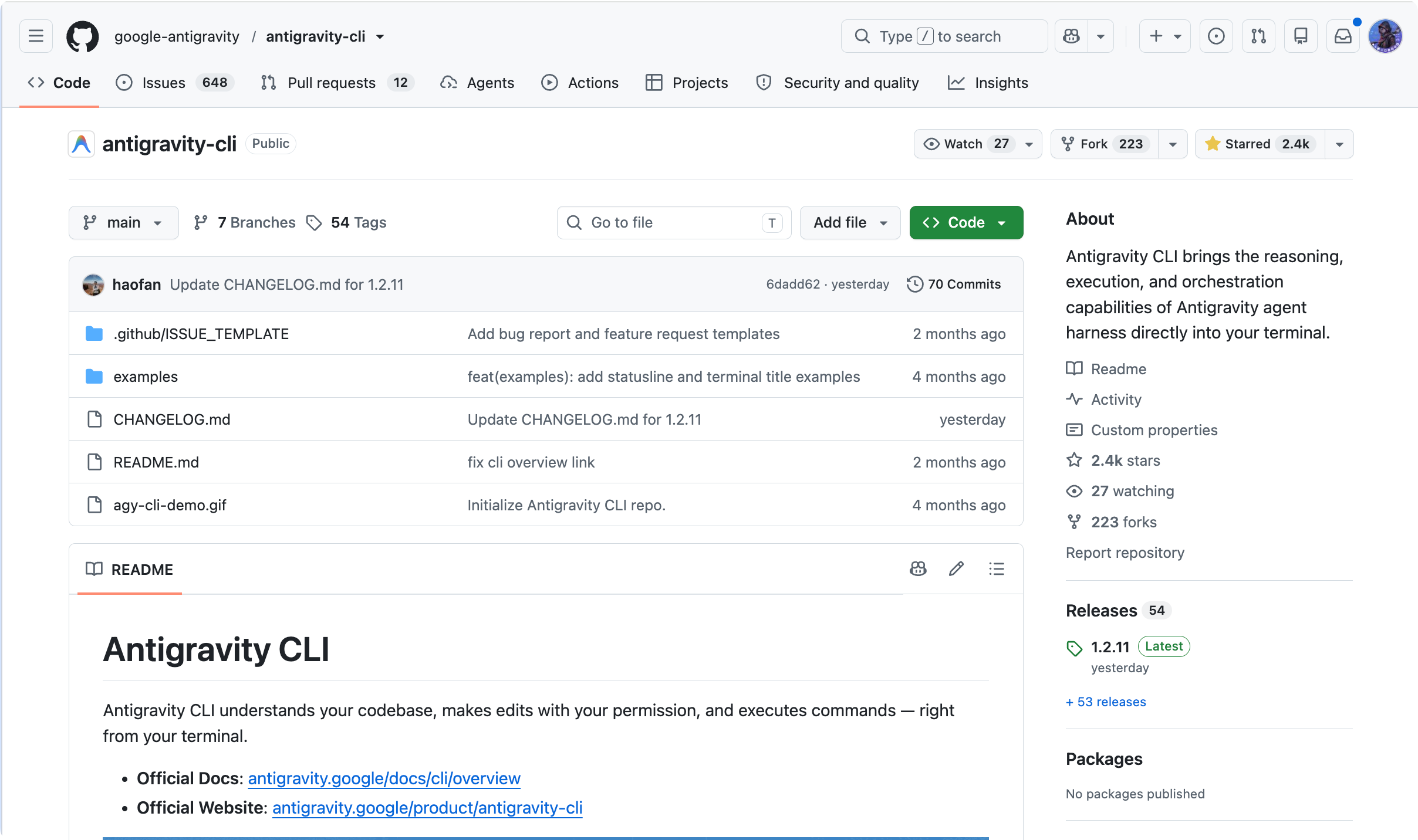 Antigravity CLI GitHub 仓库页面，展示项目源码、社区数据与终端 AI Agent 简介。