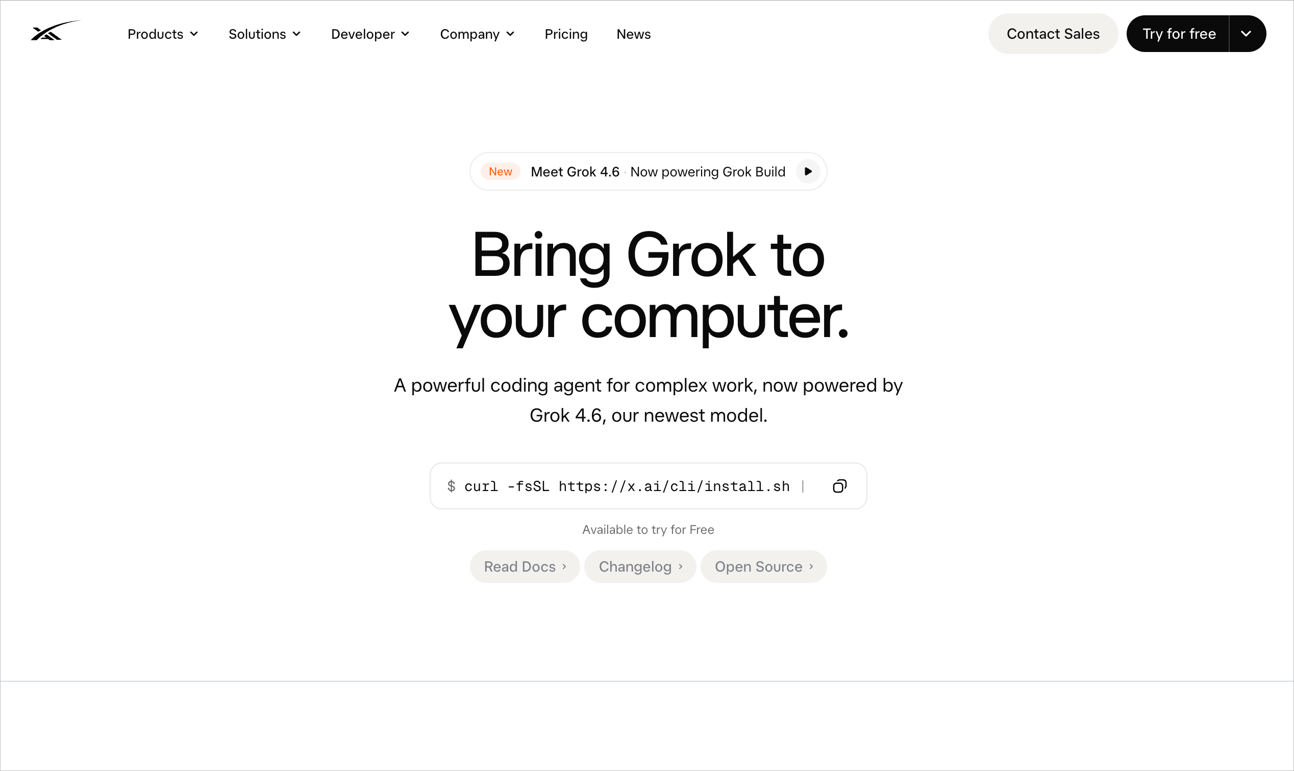 Grok Build 官方网站首页，介绍由 Grok 模型驱动的复杂编程任务 Agent，并展示一键安装与文档入口。