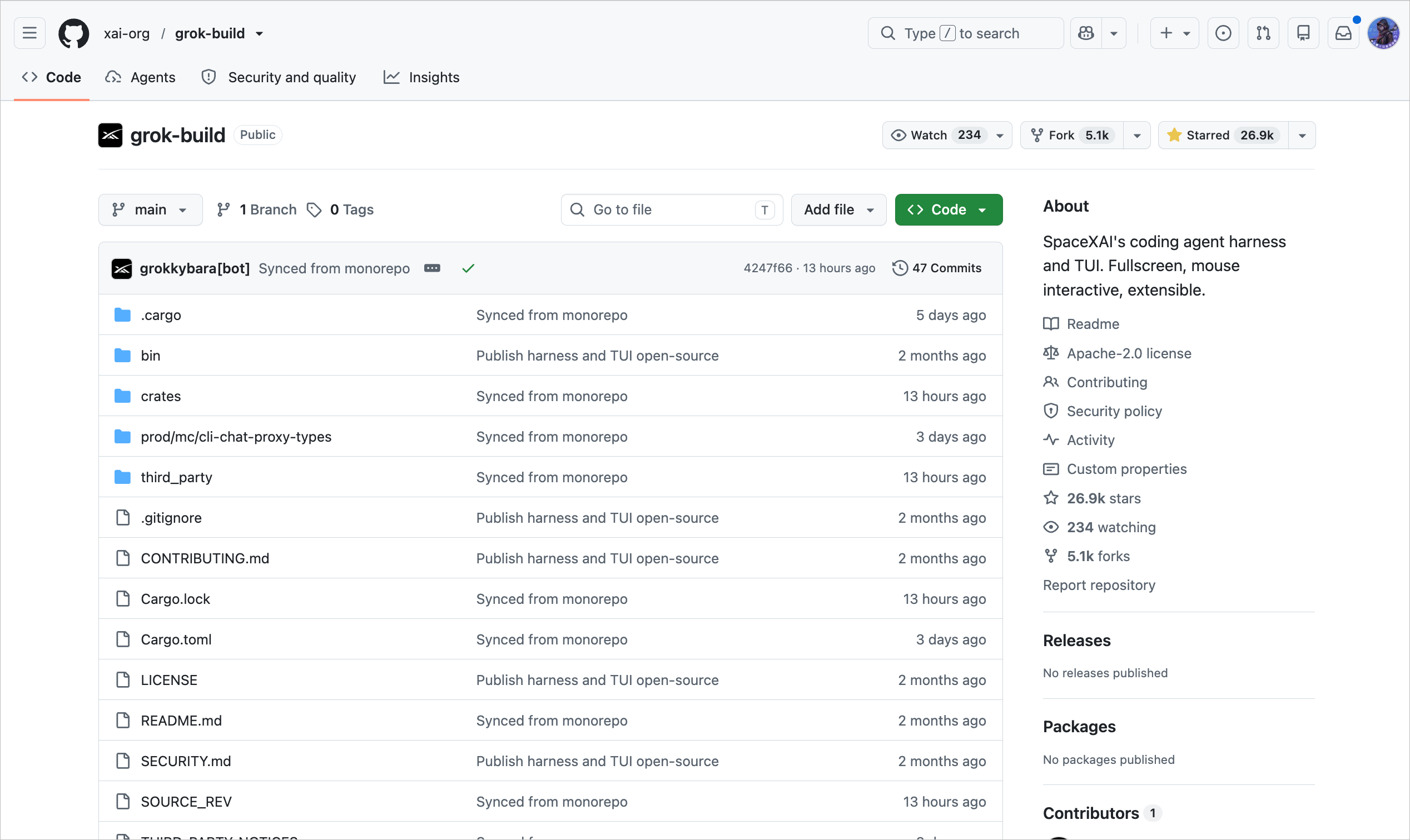 Grok Build GitHub 仓库页面，展示 Rust 项目源码、同步记录、社区数据与可扩展编码 Agent 简介。