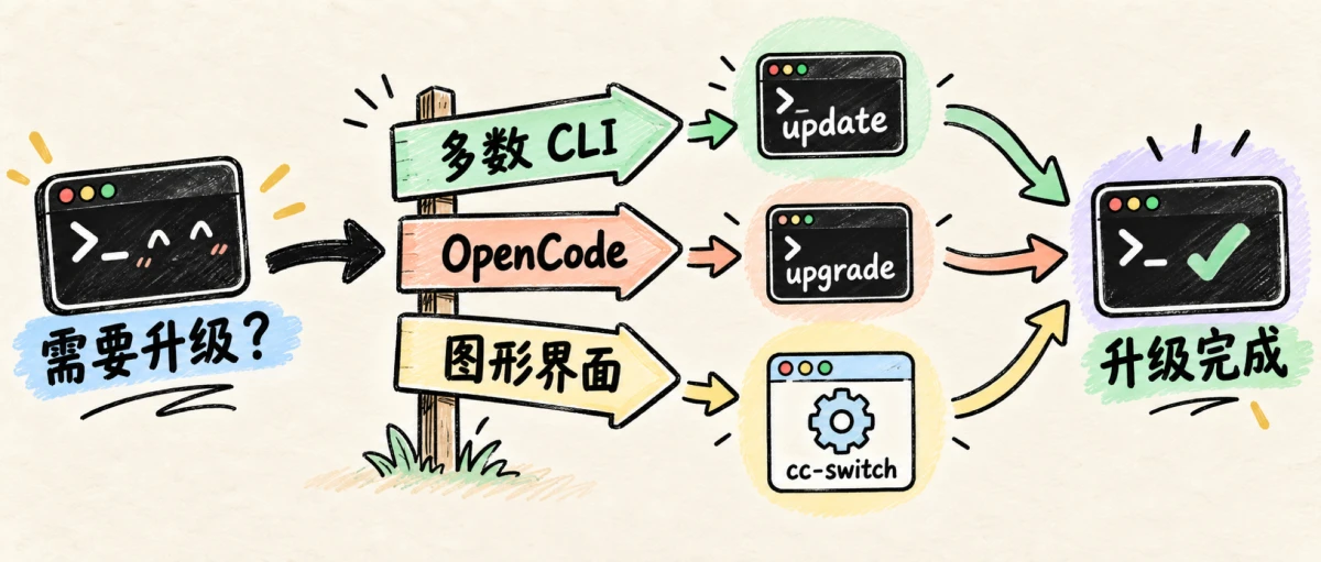 AI Agent CLI 升级路径：多数 CLI、OpenCode 与 cc-switch。